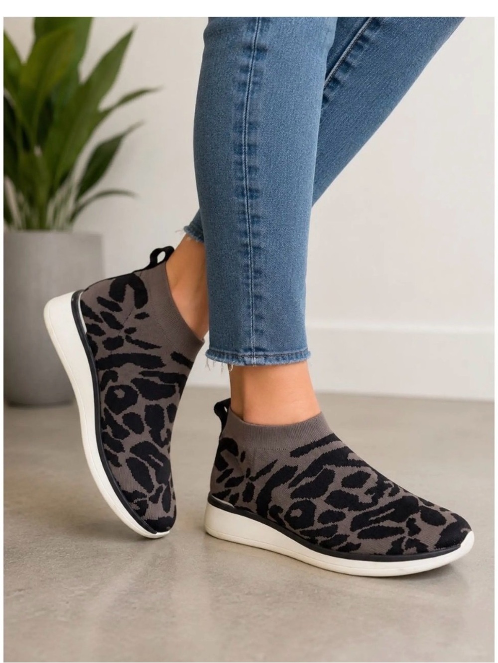 Louise et Cie Leopard Knit Slip-On Sneakers in Black and Taupe
